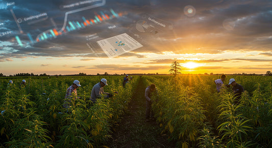 Hemp farm harvest with legal and market overlays encapsulating THCA evolution
