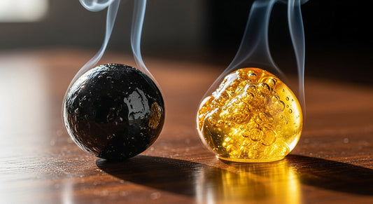 Comparison of hand-rolled hash ball and golden live rosin, highlighting texture, color, and terpene richness, encapsulating the article theme