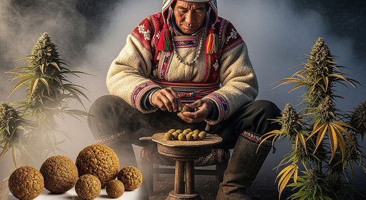 Himalayan artisan in traditional attire hand-rolling Temple Ball hash among misty mountains and cannabis plants, with glowing resin balls on the wooden table.