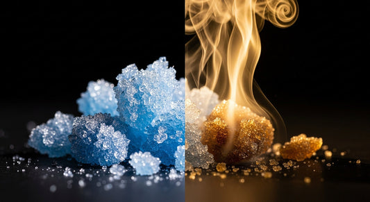 Artistic split view of THCA and THC hash representing purity versus potency in modern cannabis concentrates.