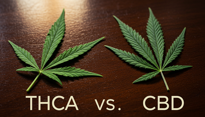 A visually striking image of a hemp leaf and a cannabis leaf side by side, representing the differences between THCa and CBD.
