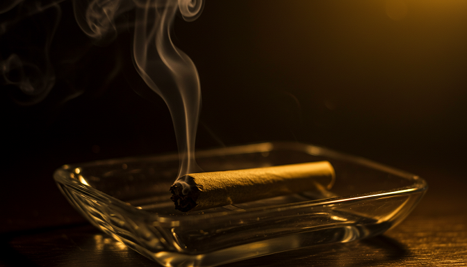 A freshly rolled infused pre-roll resting on a glass tray with wisps of smoke rising.