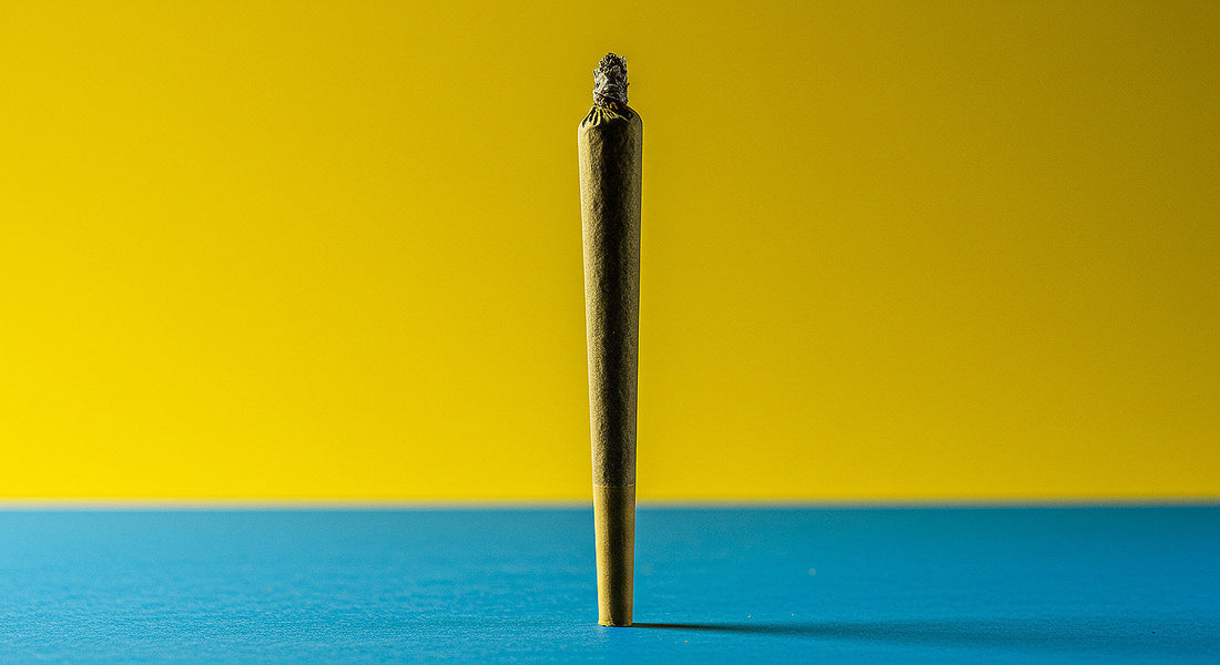 pre roll standing up with colors in the background, maje the joint long and skinny looking,