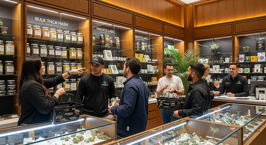 Featured image showing premium bulk THCA hash display, branding, and dispensary customer interaction encapsulating the article’s focus