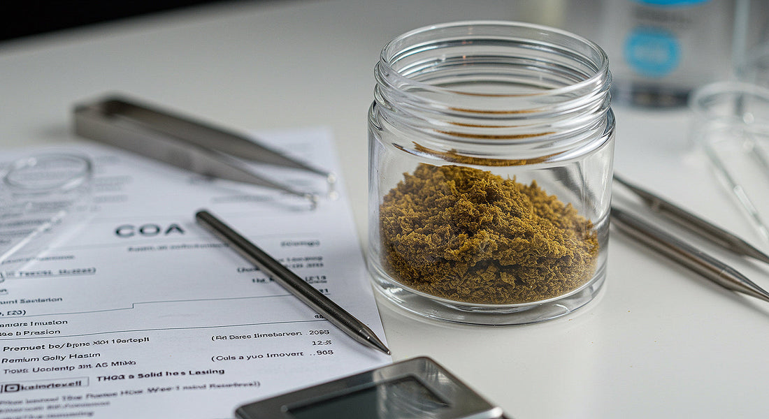 Laboratory-quality THCA hash displayed beside certificate of analysis and lab equipment for wholesale quality verification