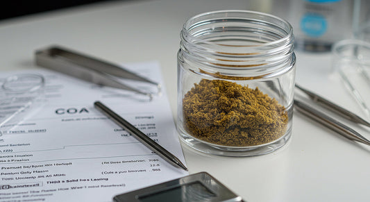 Laboratory-quality THCA hash displayed beside certificate of analysis and lab equipment for wholesale quality verification
