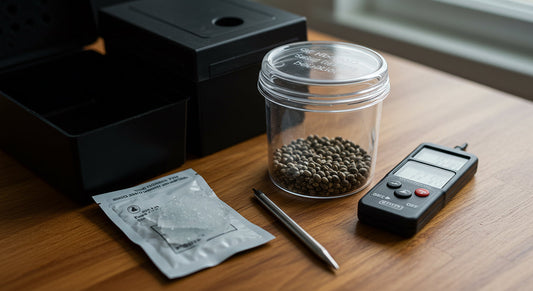 write image names for these alt texts in small letters A home grower’s seed preservation setup with an airtight container of marijuana seeds, silica gel, a thermo-hygrometer, and a dark storage box on a wooden table.