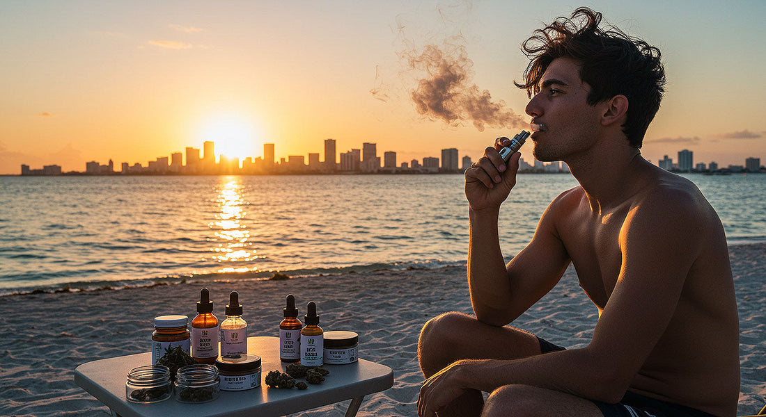 A person vaping Delta-8 THC on Miami Beach at sunset, with hemp products on a table and the city skyline in the distance.