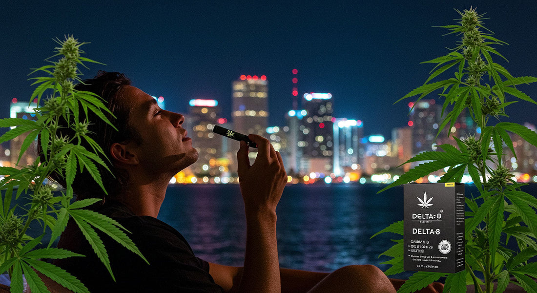 A person enjoys a Delta-8 THC product in front of a neon-lit Miami skyline, with hemp plants and product packaging, blending urban life and cannabis wellness.