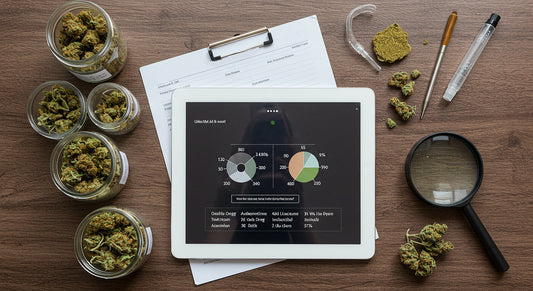 Premium vs cheap hashish comparison showing lab-tested jars, analysis reports, and visual quality contrast on a dispensary table.