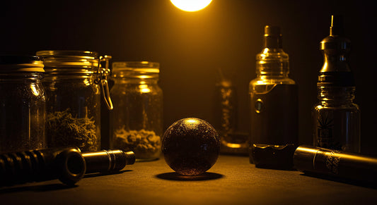 Temple ball hash displayed with flower, jars, vaporizer, and chillum representing tradition and modern use
