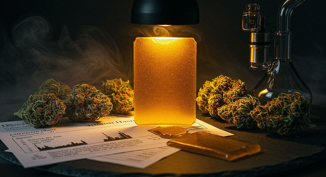 A premium THCA hash sample glows under a spotlight, surrounded by cannabis flowers, lab reports, and a dab rig on a dark slate surface with terpene-inspired vapor.