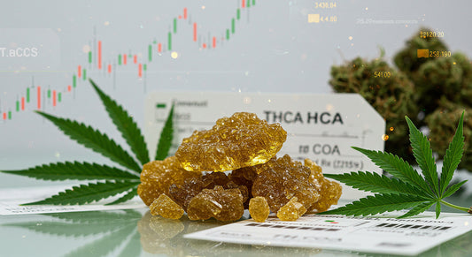 Premium THCA hash with cannabis leaves, lab reports, price charts, and market indicators capturing 2025 cannabis economy