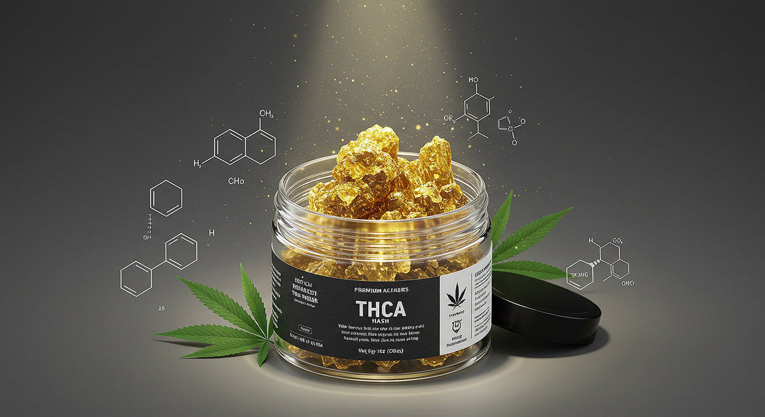 Premium jar of THCA hash with lab reports and terpene icons representing quality in 2025.