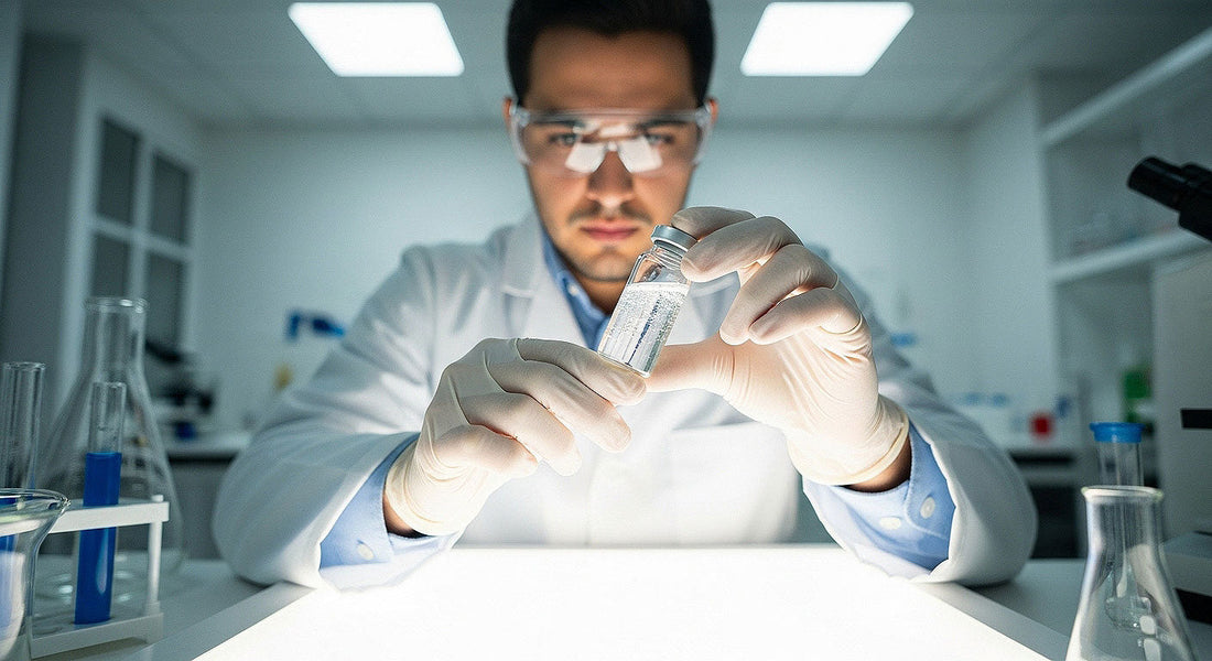 A scientist in a lab examining a vial of CBD isolate solution under bright lighting.