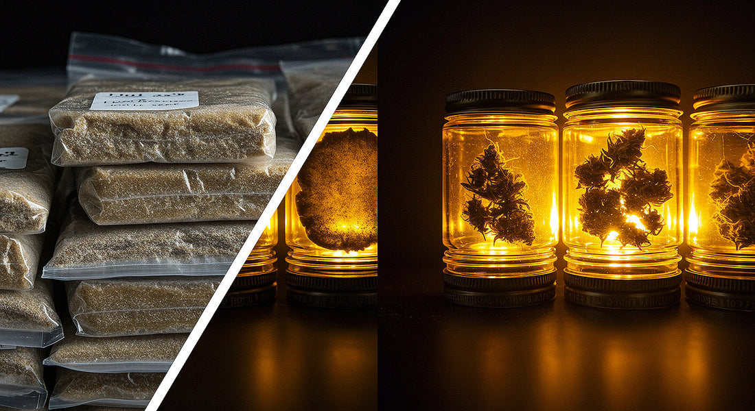 Split image showing bulk THCA hash on one side and premium live rosin jars on the other