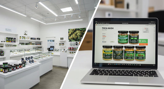 Side-by-side comparison of local dispensary shopping and online buying for THCA hash.