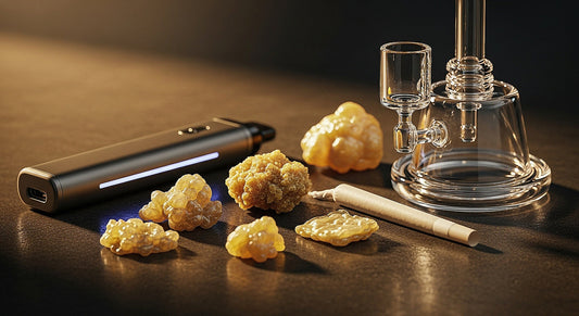 Collection of THC hash varieties and modern smoking tools highlighting smooth, flavorful consumption.