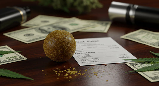 Temple ball hash surrounded by cannabis leaves, money, and tools representing buying factors.