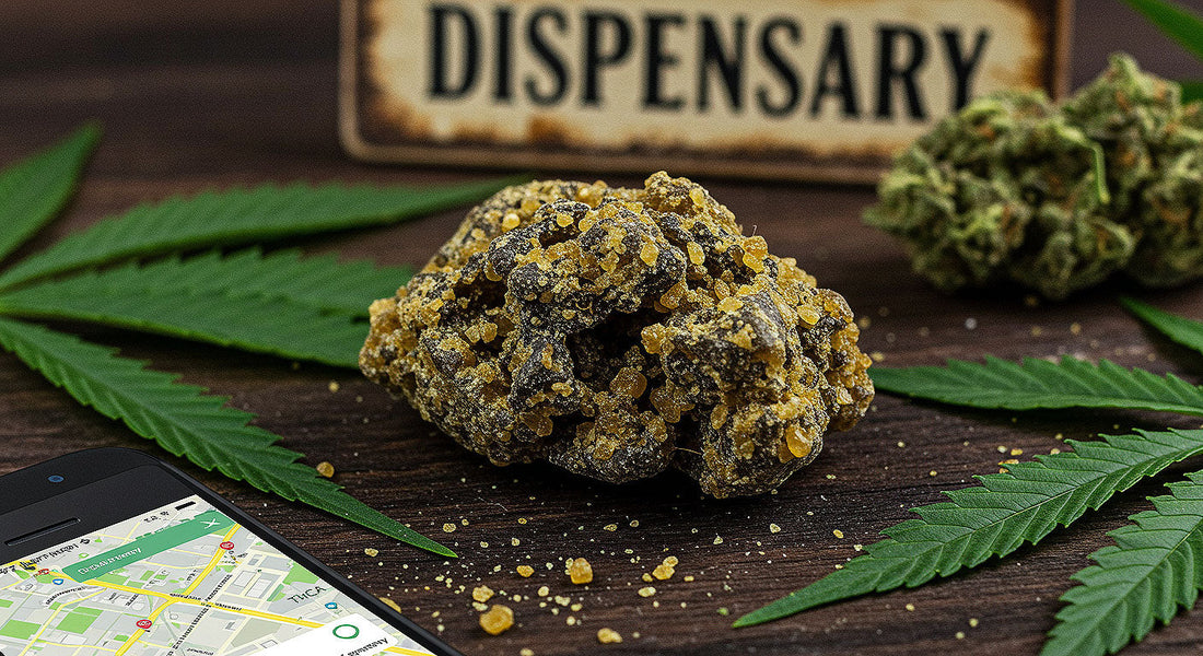 Macro shot of THCA hash crystals on a wooden table with cannabis leaves, a dispensary sign, and a smartphone showing a locator app