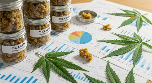 Golden THCA hash jars with cannabis leaves, lab results, and sales charts symbolizing science and business growth.