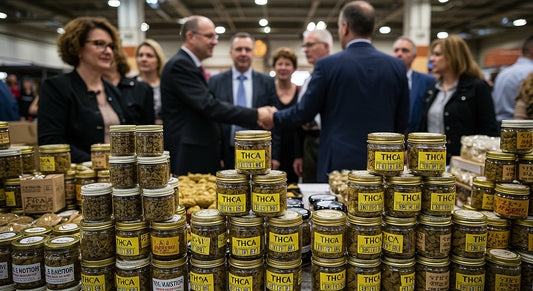 THCA hash marketplace scene with jars on scales, COAs, and buyers negotiating