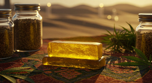 Golden block of THCA Moroccan Hash on Moroccan-patterned fabric under warm desert light representing tradition and modern purity.