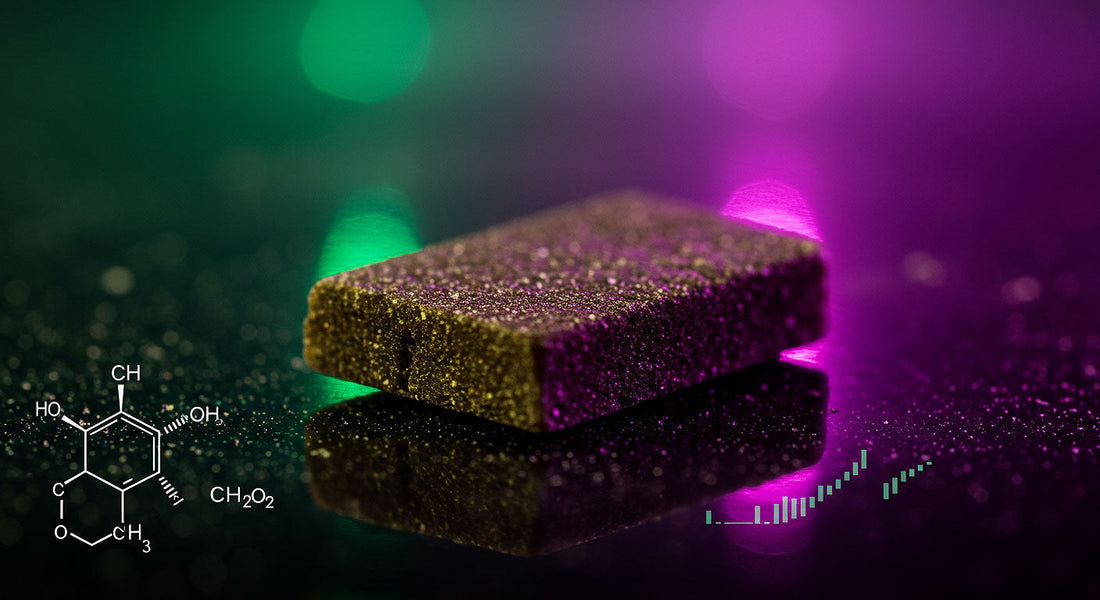 Macro shot of a sparkling THCA hash block under purple and green lights on a reflective surface, with a cannabis leaf silhouette, cityscape, and lab data overlay.