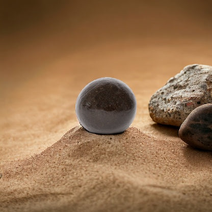 Afghan THCA Temple Ball Hash resting in golden sand with a desert backdrop, symbolizing its traditional hash-making origins and premium handcrafted quality.
