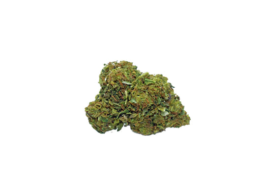 Close-up of Blue Genius CBD flower, showcasing dense, frosty buds with deep green and purple hues, rich in cannabinoids and terpenes for an uplifting experience.