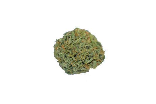 Close-up of Bubba Kush CBD flower, featuring dense, trichome-coated buds with deep green and purple hues, offering a rich, earthy aroma and calming effects.