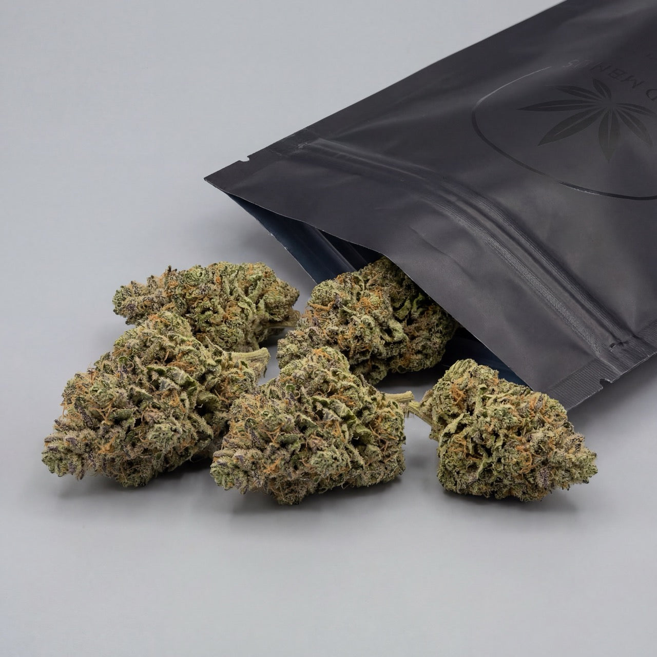 Gelato CBD hemp flower buds displayed beside an opened resealable pouch used for retail packaging. The image highlights both the product presentation and the dense, frosted bud structure.