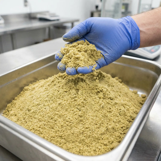 Gloved hand holding bulk CBD kief powder over a commercial steel pan in a production facility — wholesale CBD hemp kief | Hurcann