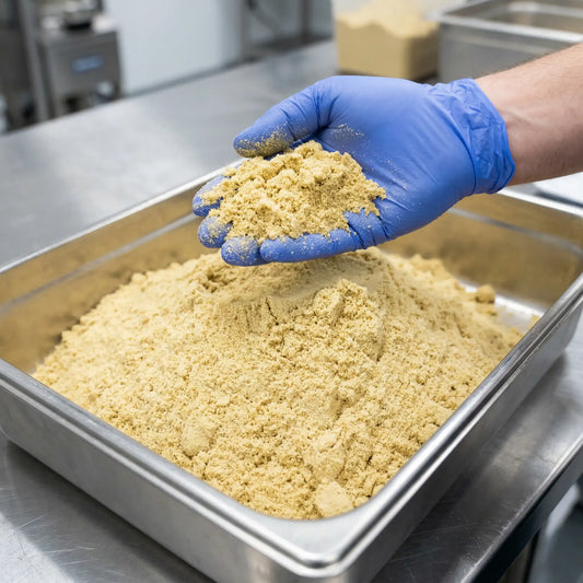 Gloved hand holding bulk CBG kief powder over a commercial steel pan in a production facility — wholesale CBG hemp kief | Hurcann
