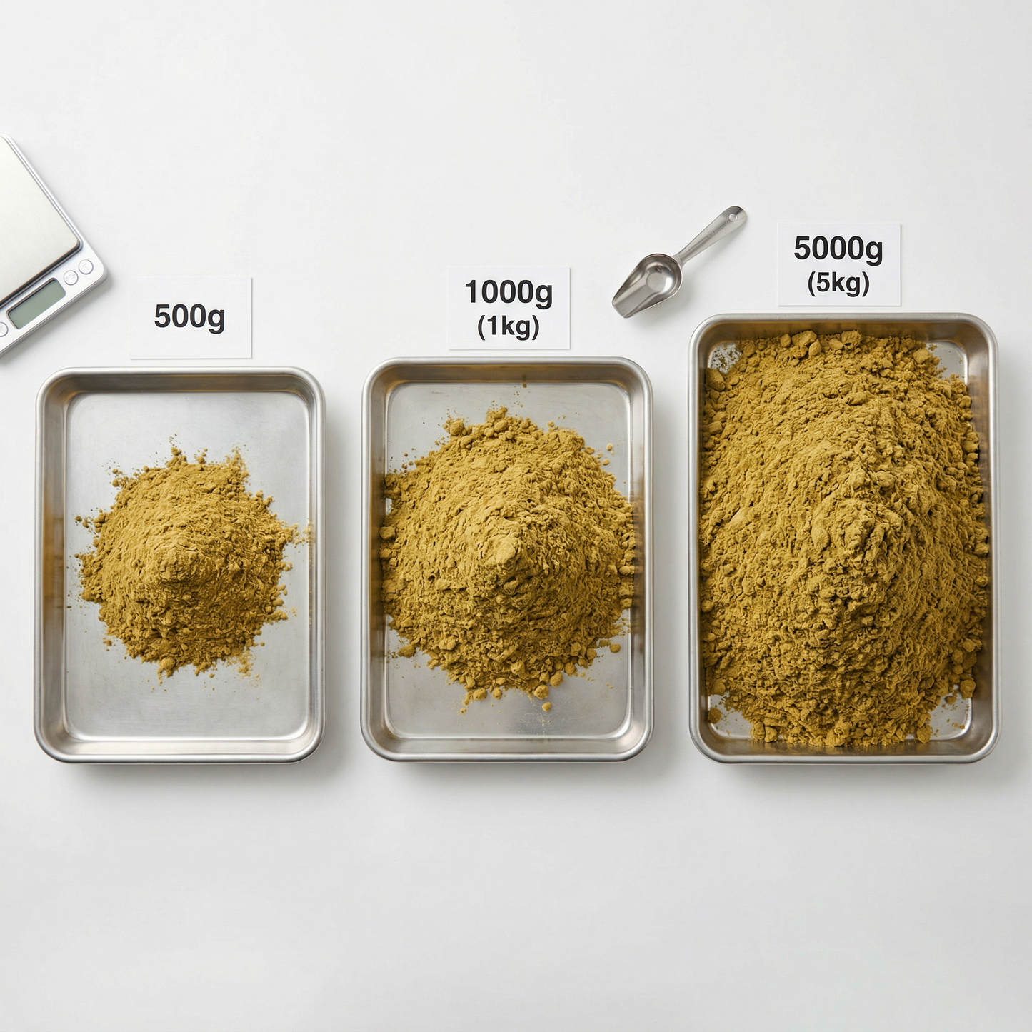 Three trays of bulk THCA kief showing wholesale size options — 500g, 1000g, and 5000g hemp kief quantities