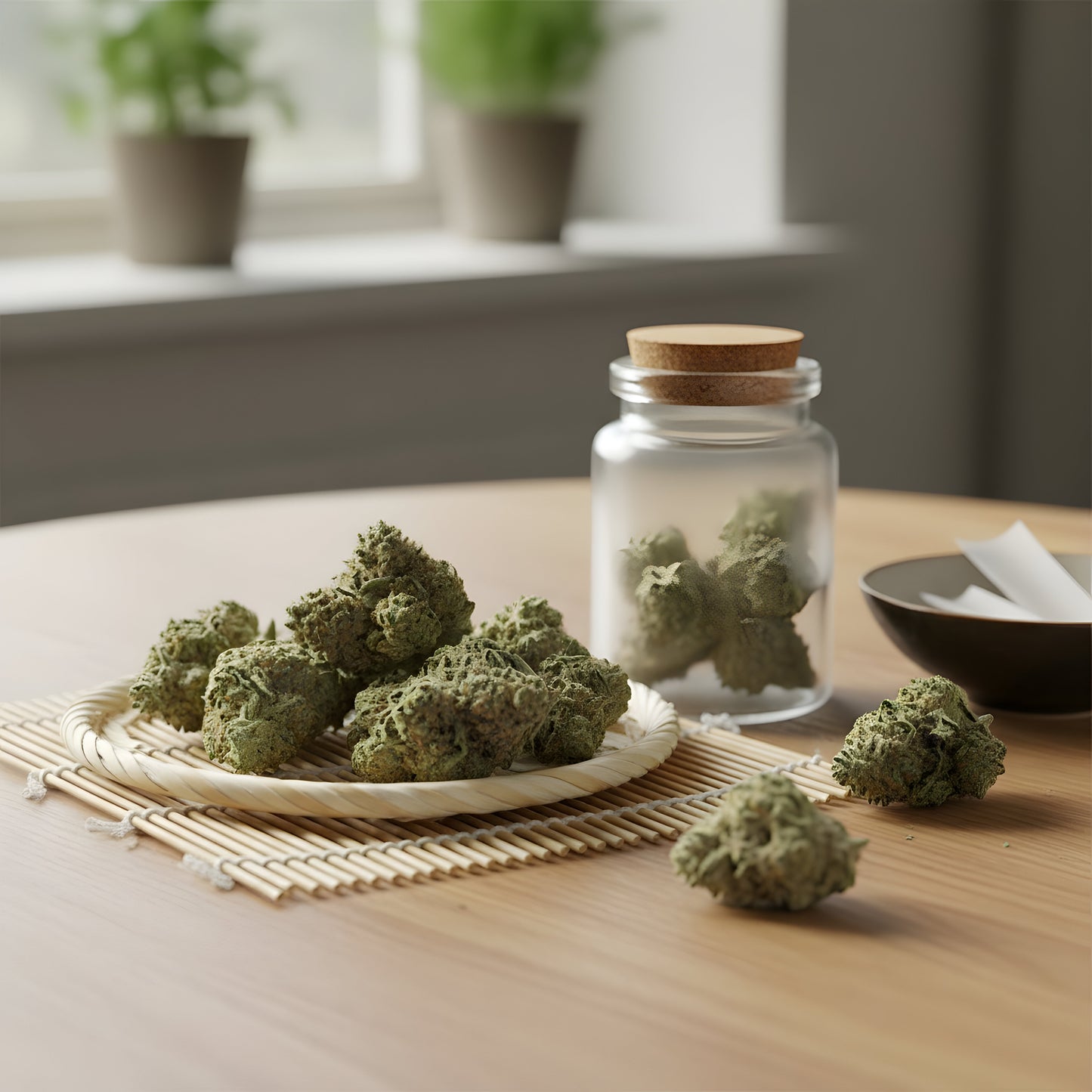 Lifestyle image of Windu THCA hemp flower AA grade hybrid, featuring fresh pine forward buds ideal for daytime focus and social clarity.