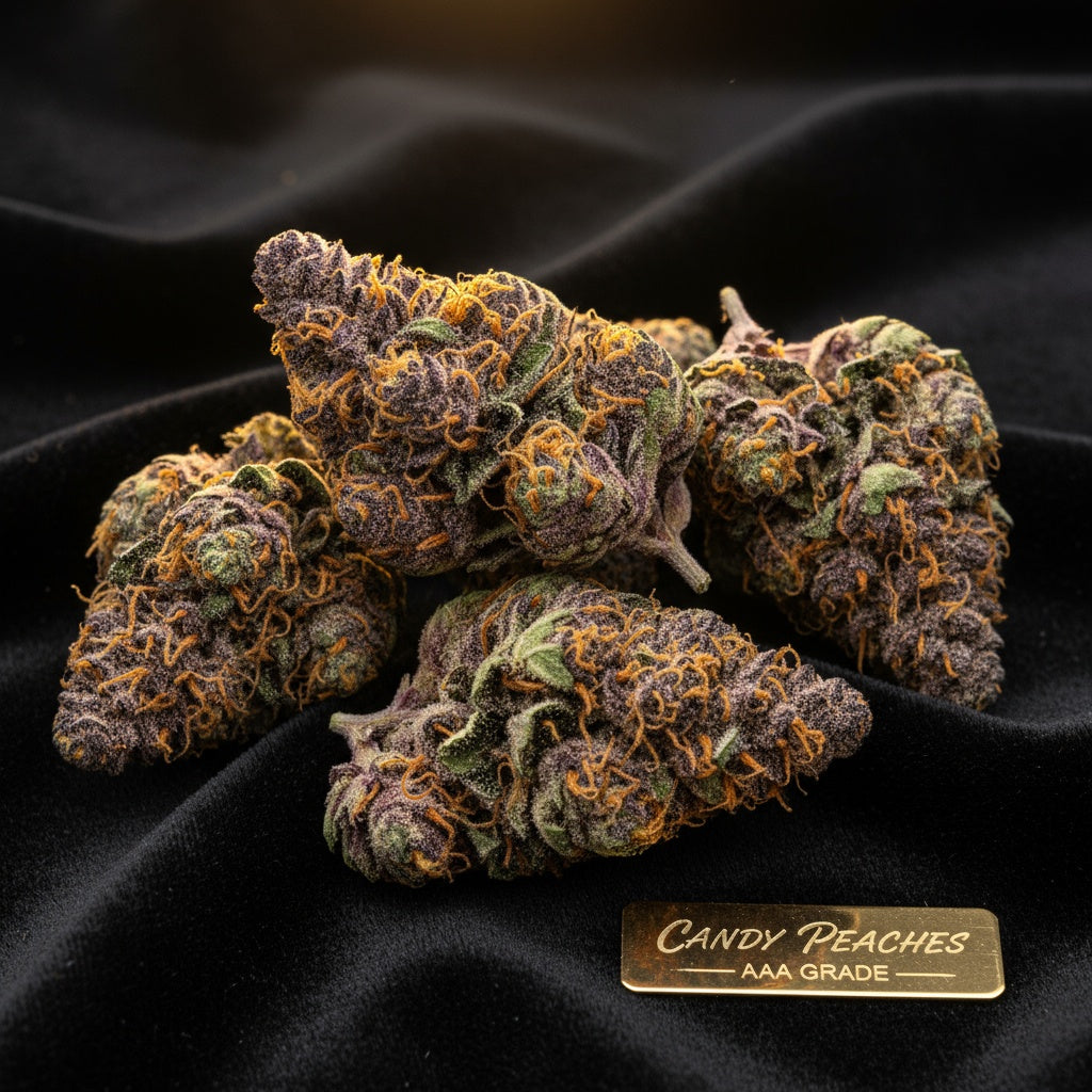 Candy Peaches THCA Hemp Flower 26% vibrant orange and green buds with sweet fruit aroma