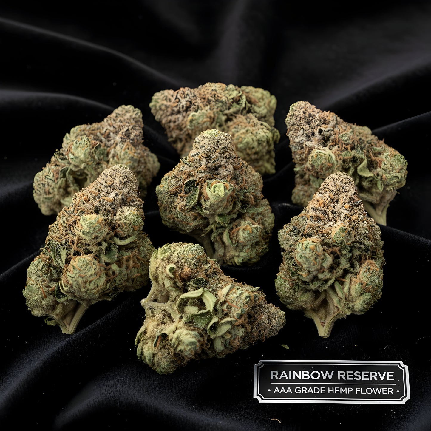 Lifestyle image of Rainbow Reserve THCA hemp flower hybrid AAA grade, showcasing vibrant rainbow colored buds with tropical skunky candy aroma, ideal for uplifting and creative vibes