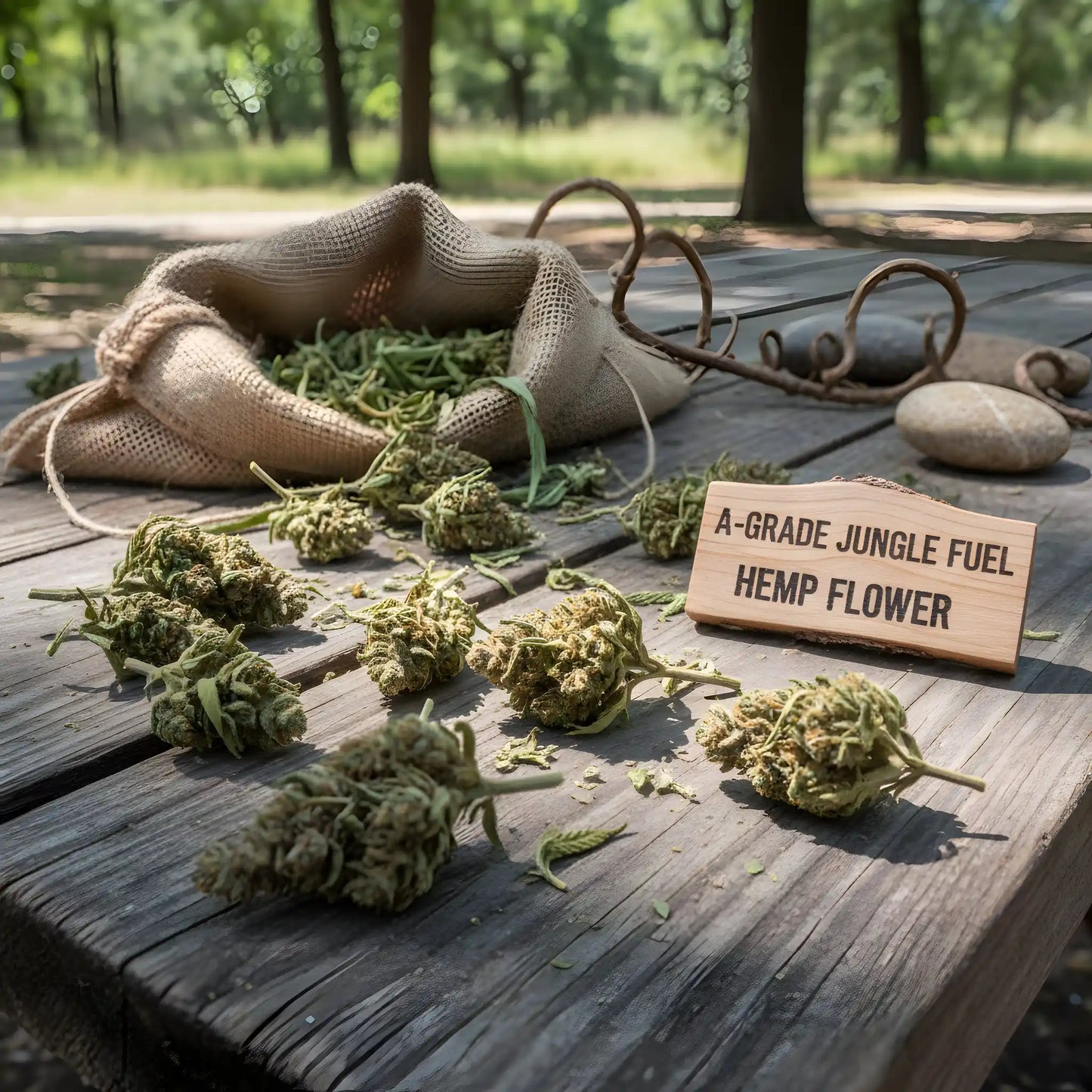 Lifestyle image of Jungle Fuel THCa Hemp Flower hybrid strain showcasing premium AAA-grade buds with diesel, pine, and sweet dough aroma for balanced work and chill sessions | Hurcann
