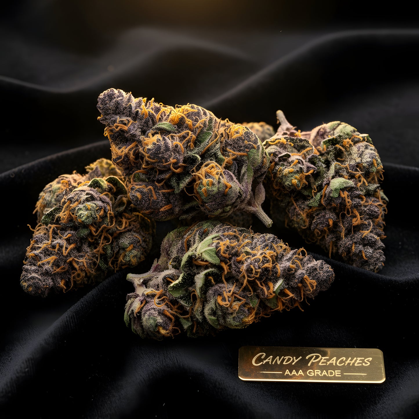 Lifestyle image of Candy Peaches THCa hemp flower AAA grade hybrid slight sativa lean, displaying vibrant peach toned buds with candy fruit aroma, ideal for uplifting daytime use