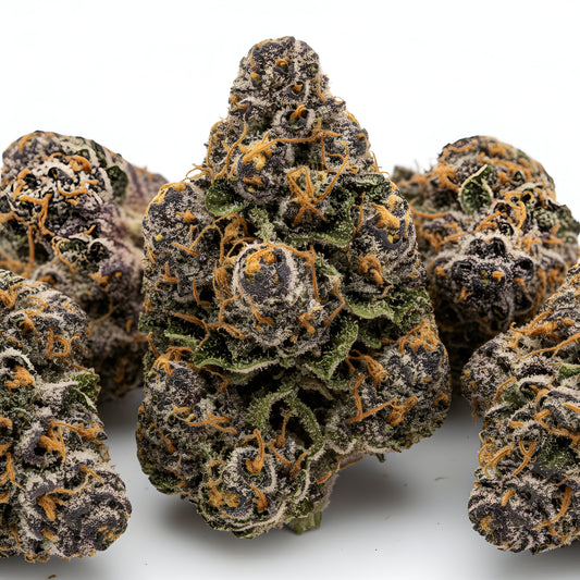 Main product photo of Texas Pound Cake THCA hemp flower AAA grade indica, featuring resin rich buds with purple highlights, sweet cake batter and vanilla aroma, 32 percent THCA