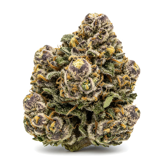 Main product photo of Ghosted THCA hemp flower hybrid AAA grade, featuring frosty pale green buds with a ghostly white shimmer, creamy mint and floral aroma, 31 percent THCA