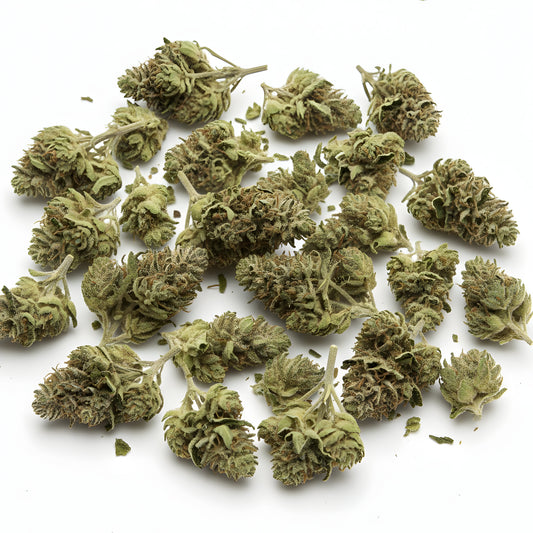 Main product photo of Lemon Love THCa hemp flower sativa AAA grade, showing vibrant yellow green buds with heavy trichome frost.