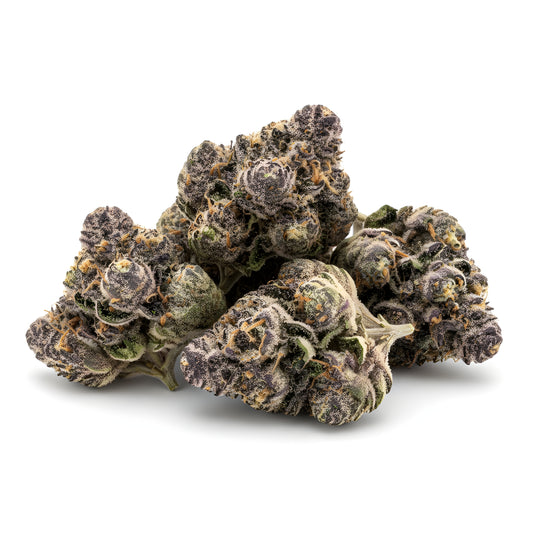 Main product photo of Grape Pie THCA hemp flower AA grade, an indica-dominant strain featuring milky trichomes and dessert-style genetics