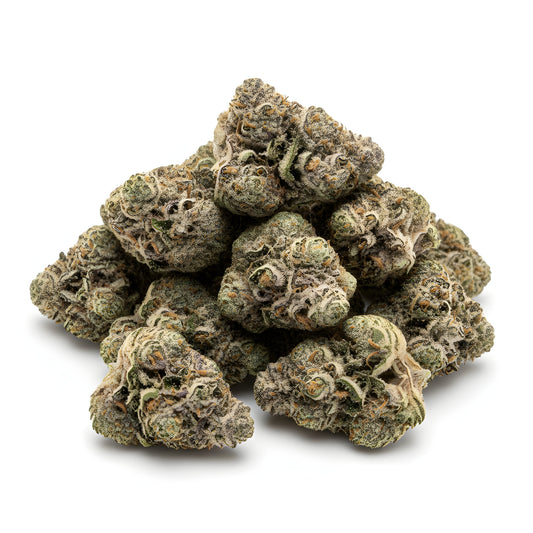 Main product photo of Rainbow Reserve THCA hemp flower AAA grade hybrid, featuring vibrant multi color buds with heavy trichome frost, tropical fruit and candy aroma, 34 percent THCA