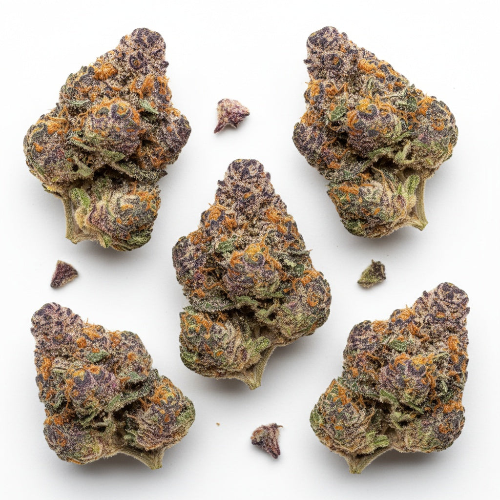 Cadillac Rainbow THCA Hemp Flower frosty trichomes and purple hues, rich terpene profile