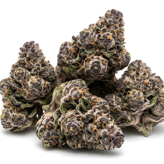 Main product photo of Grape Cherry Gelato THCA hemp flower AAA grade hybrid, featuring resin rich green and purple buds with grape cherry gelato aroma