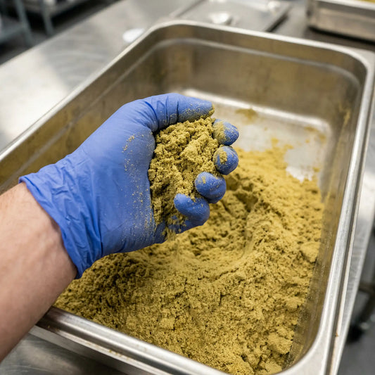 Gloved hand holding bulk THCA kief powder over a commercial steel pan — wholesale hemp kief production
