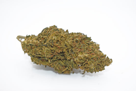 Close-up of White Widow CBG + Delta-8 THC flower, featuring dense, frosty buds with bright green hues, rich in cannabinoids and terpenes for balanced effects.