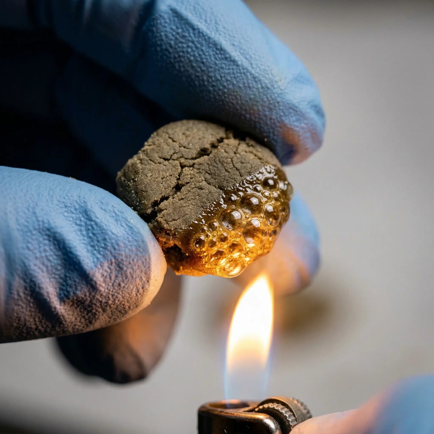 CBD bubble hash held in blue-gloved fingers over a lighter flame, showing amber resin bubbling and melting on the surface of the olive-brown pressed disc | Hurcann